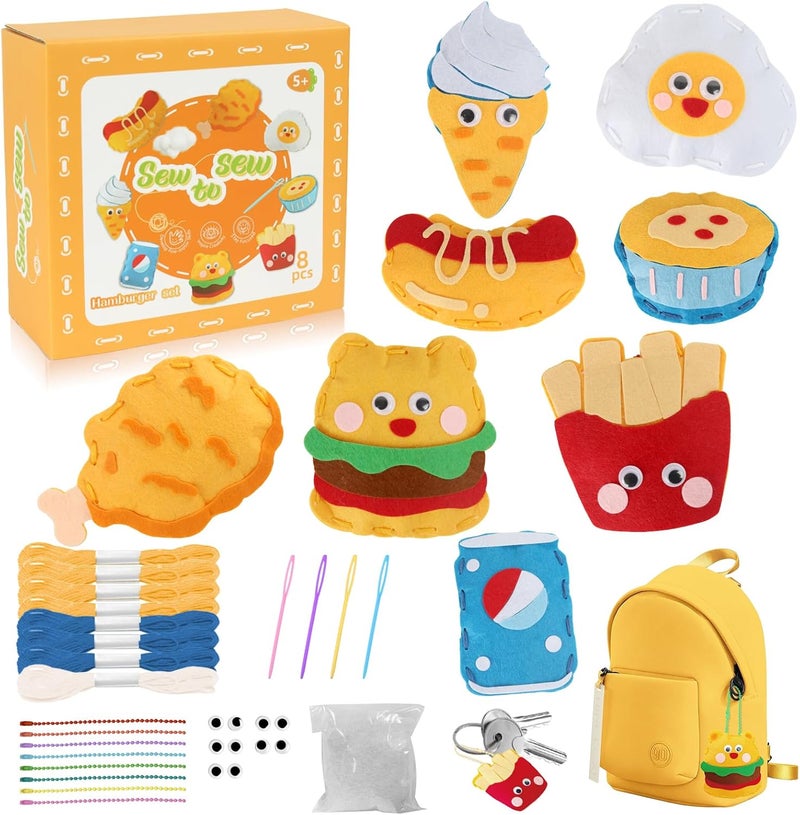 AzReference Felt Food Sewing Kits for Beginners, 8 Stuffed Ice Cream, Hamburger Making Easy Sewing Fun Craft Set, Educational Learn to Sew Gifts for Kids Age 5 6 7 8 9 10 11 12, Instruction & Felt Materials - Image 1